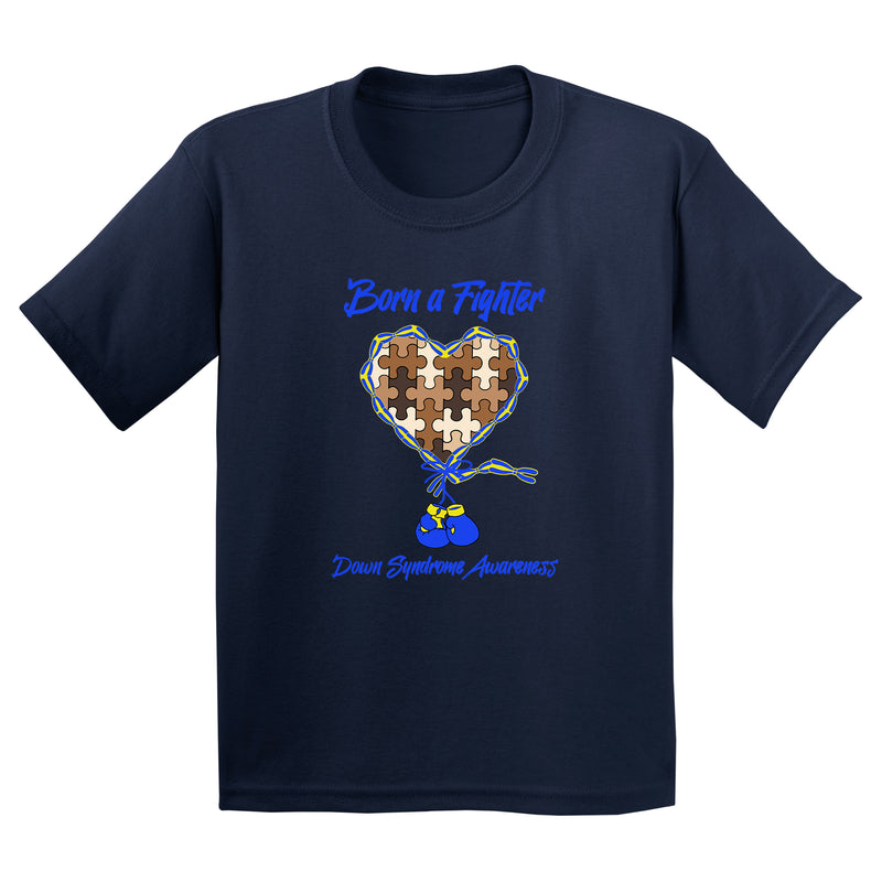 Fourth Quarter Faith Born a Fighter Down Syndrome Awareness Youth T-Shirt- Navy